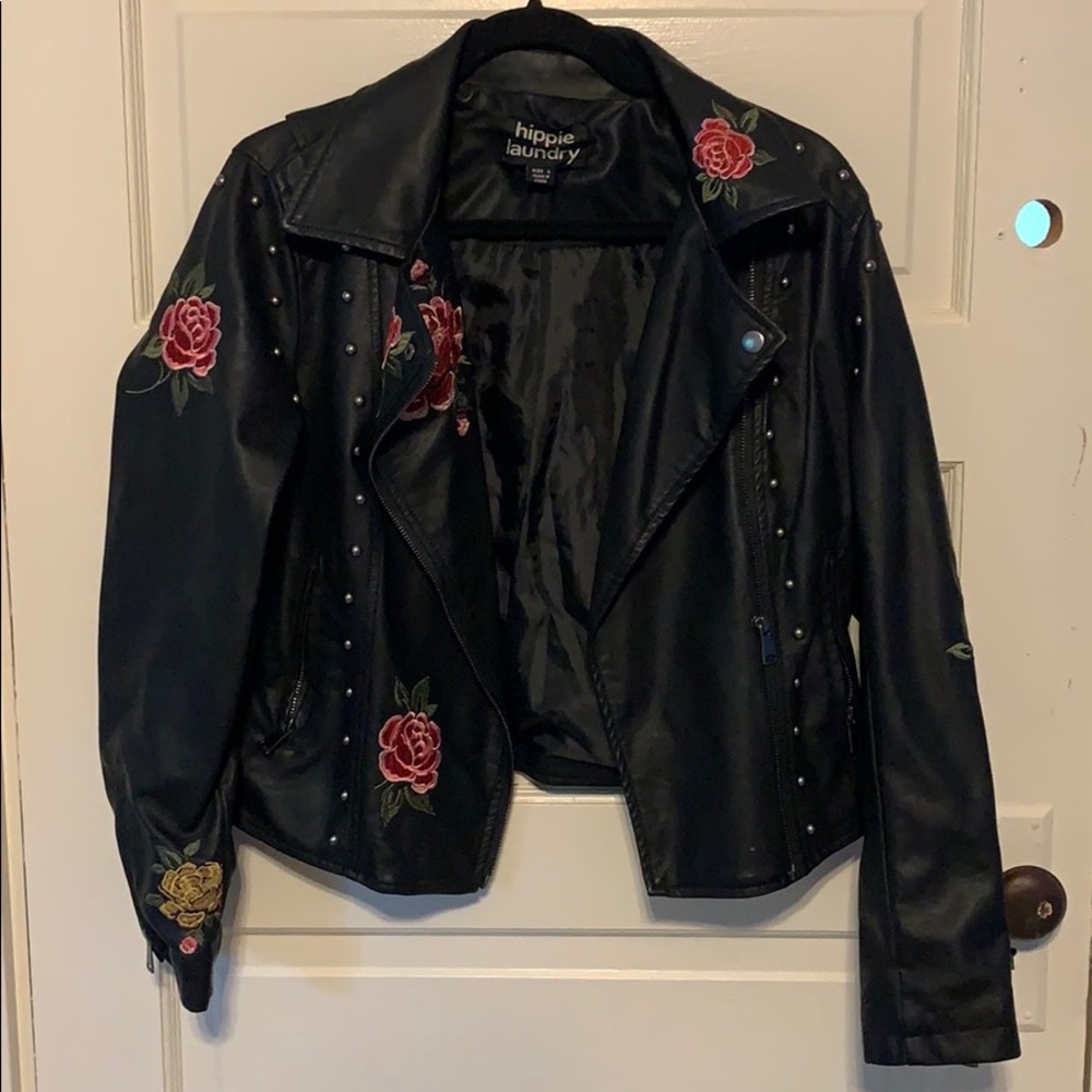 Hippie laundry rose embroidered “leather” jacket